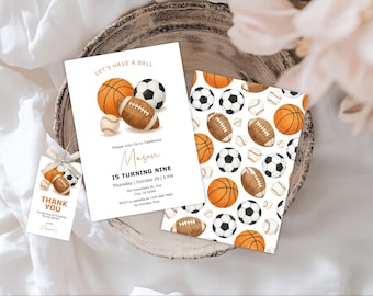 Invitación de cumpleaños deportiva, baloncesto, fútbol, béisbol, fiestas temáticas deportivas (plantilla editable)