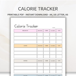 Printable Calorie Tracker: Food Journal, Macros Log (A4, A5, Letter - Digital Download)