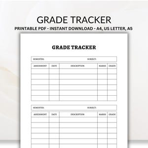Grade Tracker Printable: Student Gradebook Journal (PDF Download)