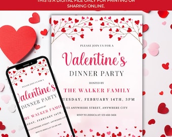 May include: A digital Valentine's Dinner Party invitation with a pink and red heart theme. The invitation includes the text "Valentine's Dinner Party" and event details. A smartphone displays the same invitation design.