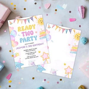 Ready Two Party Invitation Template, Girl Second Birthday, Retro 2 Year Old Second Birthday, Spring Party Invitation, Summer 2nd Bday Invite