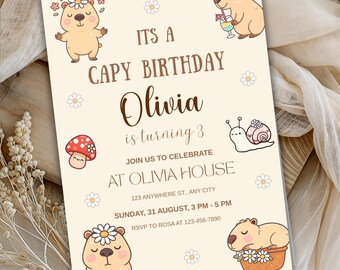 Capybara Birthday Invitation, Capy Birthday Invite for Kids, Editable Capy Party Invite, Cute Animal Birthday Printable, Boho Woodland Party