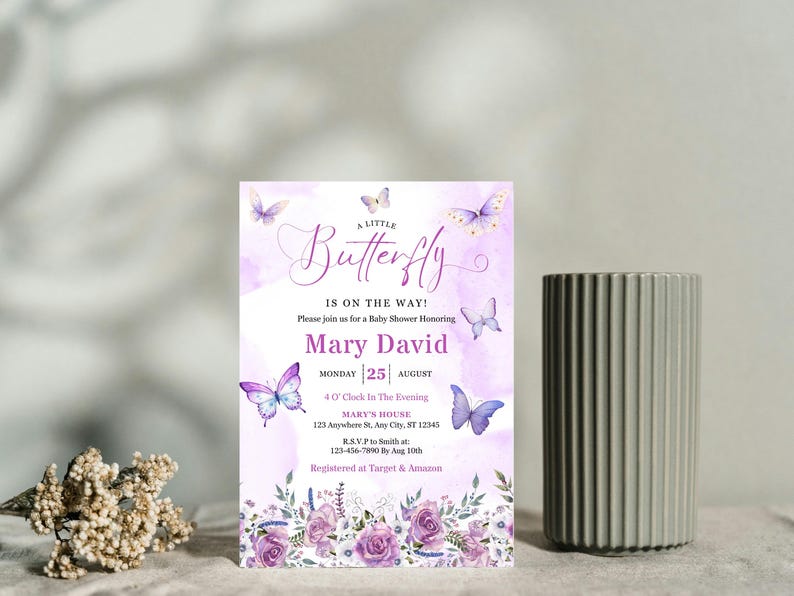 May include: A baby shower invitation with a watercolor background and butterfly illustrations. The invitation reads "A Little Butterfly Is On The Way!" and includes details for Mary David's baby shower, including the date, time, and location.