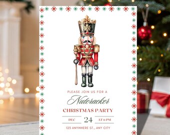 May include: A Christmas party invitation featuring a watercolor illustration of a nutcracker soldier in a red uniform and black boots. The invitation includes the text "Please join us for a Nutcracker Christmas Party" with the date and time.