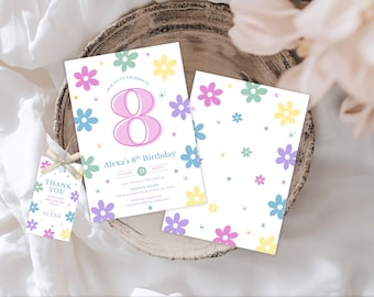 Invitación de cumpleaños número 8 de Daisy: Fiesta floral en tonos pastel, plantilla editable (descarga digital)