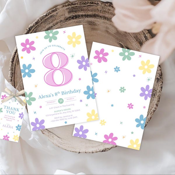 Daisy 8. Geburtstagseinladung: Pastellblumenparty, bearbeitbare Vorlage (digitaler Download)