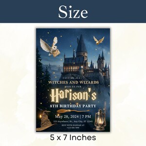 Inbjudan till pojkfest, trollkarlsfest, utskrivbart tema med magiskt slott och Hogwarts, direktnedladdning bild 9