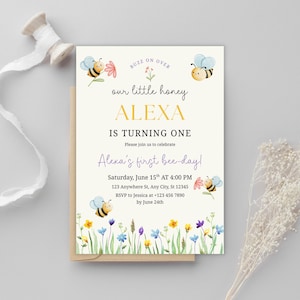Bee First Birthday Invitation, Our Little Honey First Birthday Invitation, 1st Bee-Day Invite, Bumble Bee Party Printable, Girl Birthday