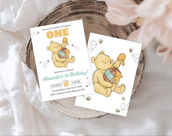 Winnie the Pooh Birthday Invitation, Classic Watercolor Design, 1st Birthday Parties Themed Events, Canva Editable, Digital Download