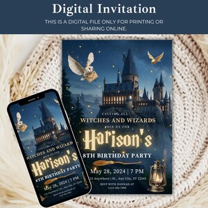 Inbjudan till pojkfest, trollkarlsfest, utskrivbart tema med magiskt slott och Hogwarts, direktnedladdning bild 5