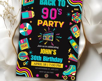 Back to the 90s Birthday Invitation, Retro 90s Party Invite, Neon 90s Theme, 30th Birthday Invitation, Printable Digital Invite