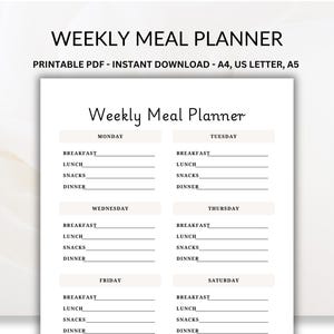 Weekly Meal Planner Printable: Grocery List, Recipe Notes (PDF Download)