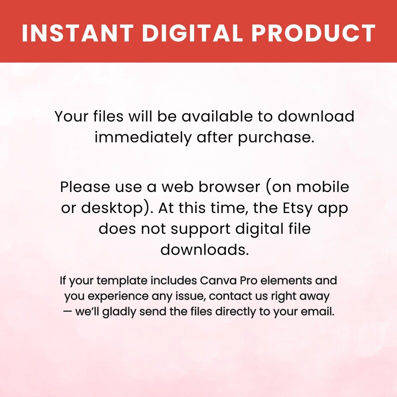 Puede incluir: Anuncio de producto digital con el texto "INSTANT DIGITAL PRODUCT" en una pancarta roja. El texto blanco de abajo explica la disponibilidad de descarga inmediata despu&eacute;s de la compra y el uso del navegador.