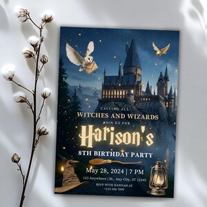 Inbjudan till pojkfest, trollkarlsfest, utskrivbart tema med magiskt slott och Hogwarts, direktnedladdning bild 4