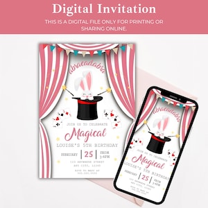 May include: Digital invitation with a magical theme. The design features a cartoon rabbit in a magician's hat, playing cards, and pink curtains. The invitation is for Louise's 5th birthday on February 25th, from 3-6 PM.
