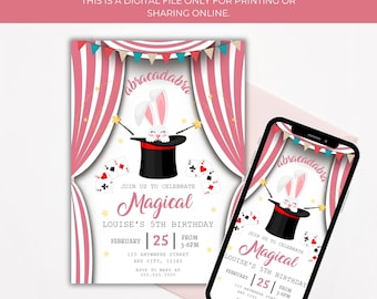 Op de afbeelding: Digitale uitnodiging met een magisch thema. Het ontwerp toont een cartoonkonijn in een tovenaars hoed, speelkaarten en roze gordijnen. De uitnodiging is voor Louise's 5e verjaardag op 25 februari, van 15.00 tot 18.00 uur.