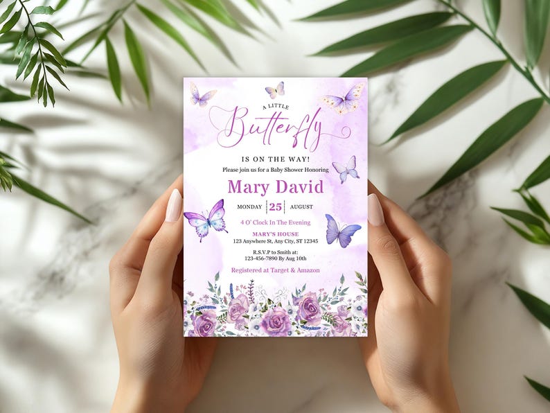 May include: A baby shower invitation with a watercolor design. The invitation features the text "A Little Butterfly is on the Way!" and includes the name "Mary David" and event details. The design includes purple butterflies and floral accents.