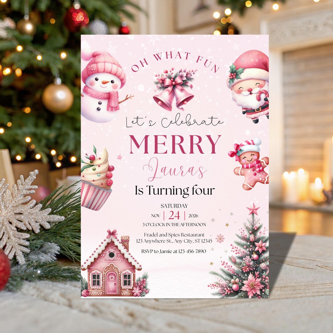 Pink Christmas Birthday Invitation, Winter Wonderland Party (digital