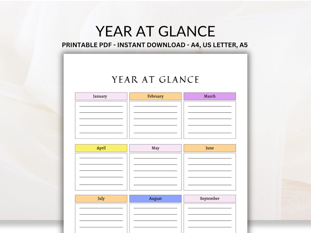 Year at a Glance Planner, 12 Month Overview, Printable Yearly Calendar ...