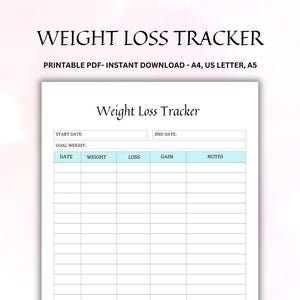 Weight Loss Tracker Printable, Track Weight Loss, Weight Goal Tracker, Weight Record Template, Weigh In, Health Tracker, Workout Tracker,