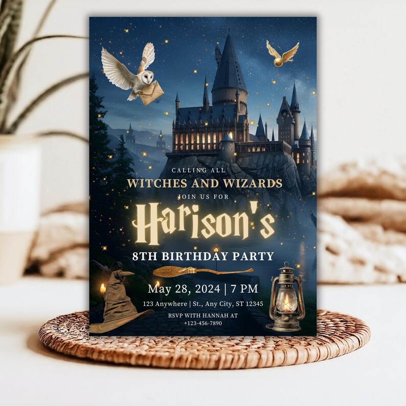 Inbjudan till pojkfest, trollkarlsfest, utskrivbart tema med magiskt slott och Hogwarts, direktnedladdning bild 6