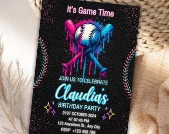 Neon Baseball Birthday Invitation: Editable Glow Party Invite (Digital)