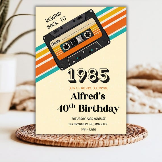Retro 1985 Cassette Birthday Invitation • 40th Party (digital
