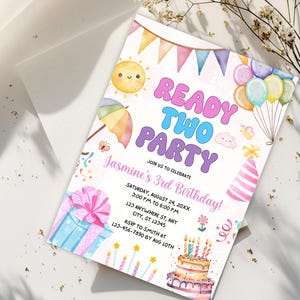 Ready Two Party Invitation Template, Girl Second Birthday, Retro 2 Year Old Second Birthday, Spring Party Invitation, Summer 2nd Bday Invite