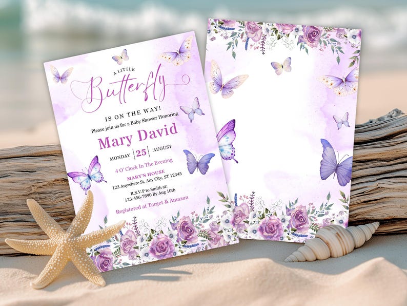 May include: Baby shower invitations with a watercolor design. The invitations feature purple butterflies and floral accents. The text reads "A Little Butterfly Is On The Way!" with event details. A starfish and seashell are in the foreground.