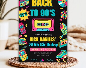 Invitación de cumpleaños editable de los 90, temática retro (descarga digital)