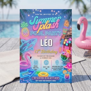 Splash Pool Party Invitation Boys Girls, Splish Splash I'm Having a Bash, Dive into Double Digits Pool Party Evite, End of Summer Swim Party