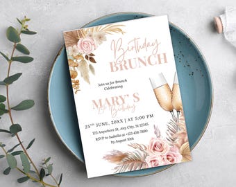 Floral Birthday Brunch Invitation, Editable Wildflower Template, Boho Floral Design Party Theme (Digital Download)