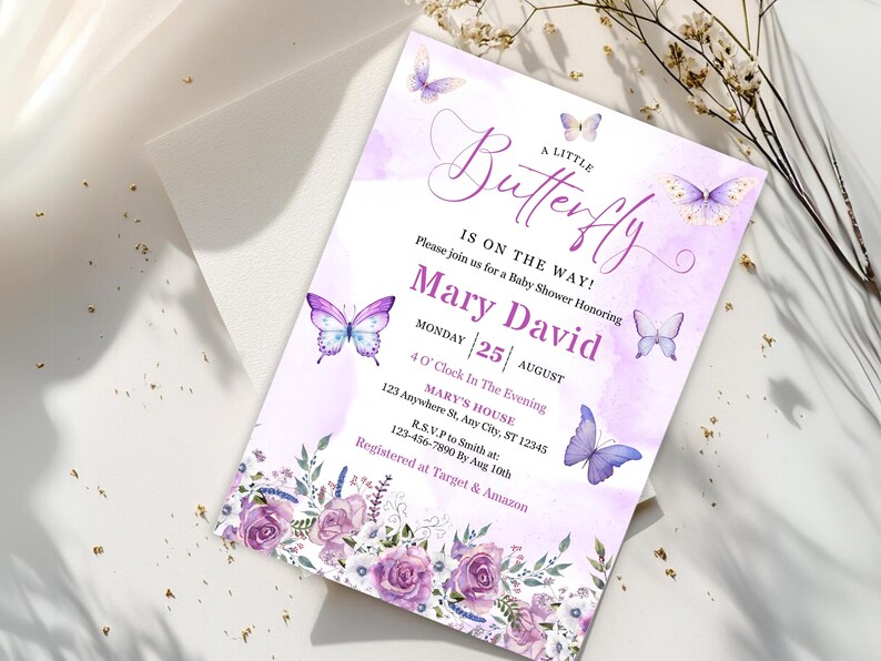 May include: A baby shower invitation with a watercolor design. The invitation features the text "A Little Butterfly Is On The Way!" and includes details for Mary David's baby shower, including the date, time, and location. The design incorporates purple butterflies and floral elements.