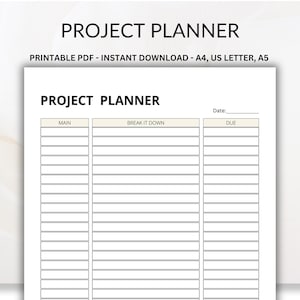 Printable Project Planner: Task Goal Organizer (PDF A4)