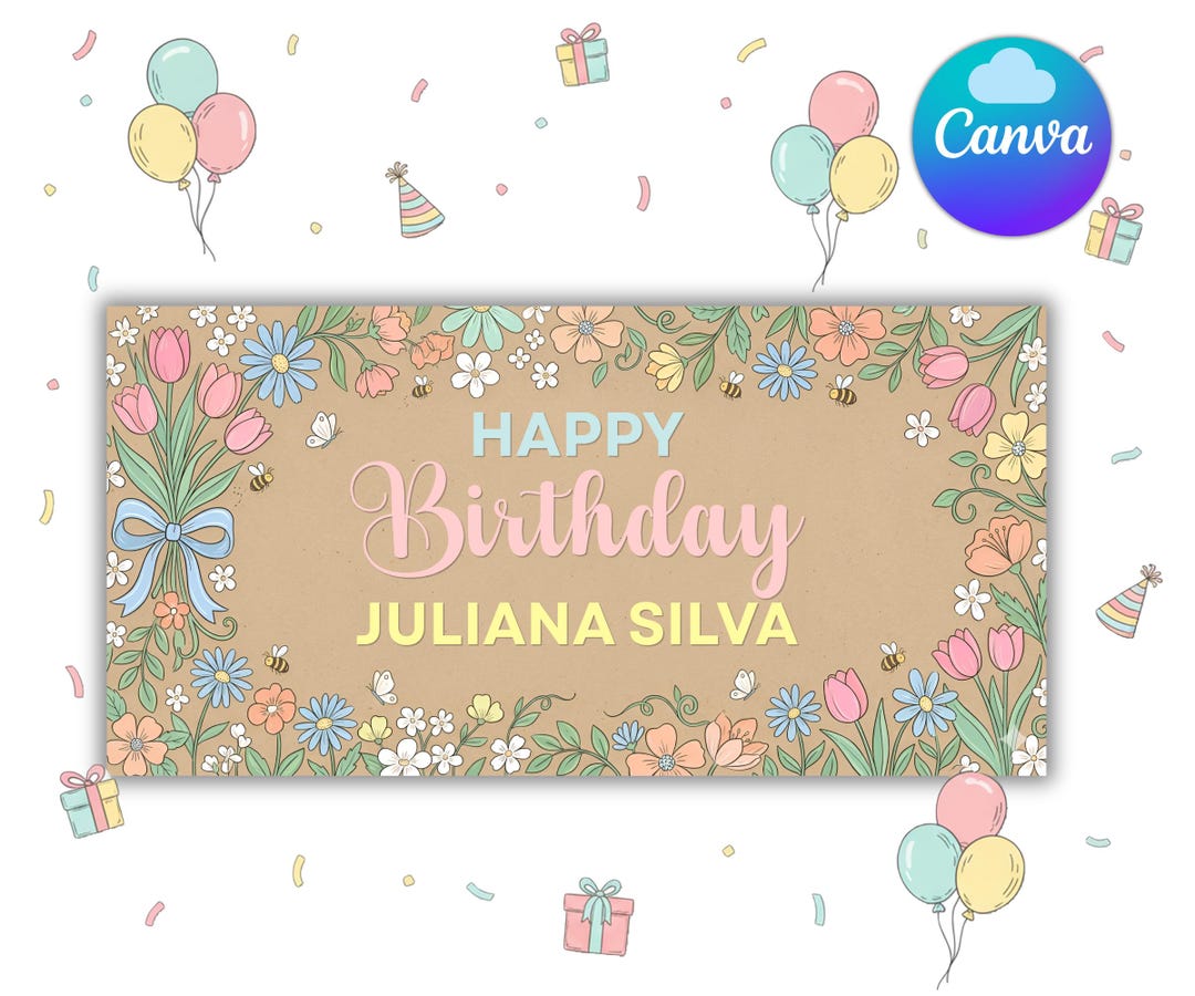 Editable Floral Birthday Backdrop Banner, Wildflower Party Sign, Custom ...