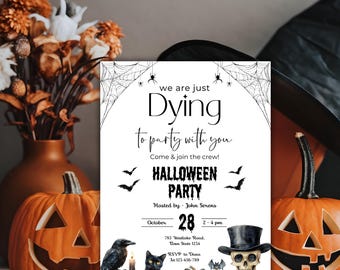 Vintage Halloween Party Invitation Template, Spooky Skeletons Haunted Celebration, Pumpkins, Digital Download