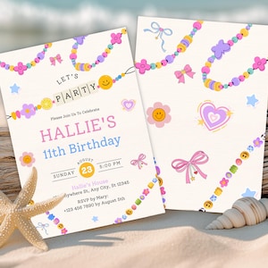 Puede incluir: Dos invitaciones para el 11º cumpleaños de Hallie, con un diseño colorido con caras sonrientes, flores y lazos. Las invitaciones incluyen el texto "LET'S PARTY" y los detalles del evento. Una estrella de mar y una concha marina están en primer plano.