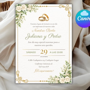 Può includere: Invito di nozze con dettagli dorati e motivi floreali. L'invito presenta i nomi "Juliana y Pedro" e la data "29 de Diciembre". Il design include anelli d'oro e il logo Canva.