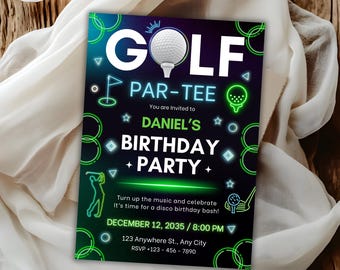 Neon Golf Par-Tee Birthday Invitation Template, Modern Sports Graphics Theme, Sports Celebration Card, Digital Download