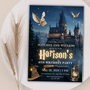 Inbjudan till pojkfest, trollkarlsfest, utskrivbart tema med magiskt slott och Hogwarts, direktnedladdning bild 7