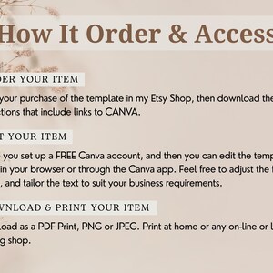 May include: A beige graphic with the text "How It Order & Access". Instructions include: order your item, edit your item, and download & print your item. The text also mentions Canva and PDF, PNG, or JPEG formats.