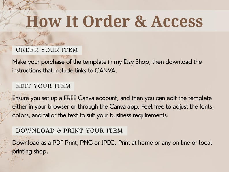 May include: A beige graphic with the text "How It Order & Access". Instructions include: order your item, edit your item, and download & print your item. The text also mentions Canva and PDF, PNG, or JPEG formats.