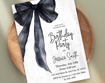 Black Bow Birthday Invitation Template: Elegant Minimalist Design (Editable Canva Template)