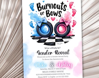 Uitnodiging voor burn-outs of strikken Gender Reveal, raceautothema (digitale download)