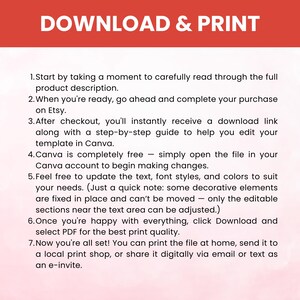 Puede incluir: Gr&aacute;fico de descarga digital con el texto "DOWNLOAD & PRINT" en blanco sobre una pancarta roja. Las instrucciones se enumeran a continuaci&oacute;n, guiando a los usuarios a trav&eacute;s del proceso de descarga y edici&oacute;n de una plantilla en Canva, luego imprimiendo.