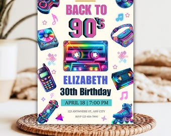 May include: A cream-coloured invitation card with a retro 90s theme. It features the text "Back to 90's", a cassette tape, and other 90s icons. The invitation is for Elizabeth's 30th birthday, including the date, time, and RSVP details.