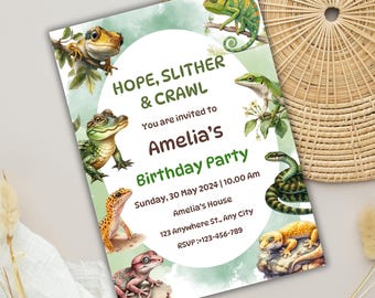 May include: A colorful birthday party invitation featuring various reptiles and amphibians. The invitation includes the text "HOPE, SLITHER & CRAWL" and details for Amelia's birthday party, including the date, time, and location.