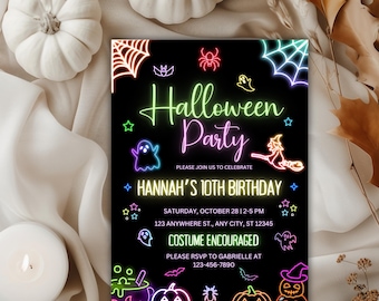 Neon Halloween Birthday Invitation, Costume Party Themed Birthday Bash, Editable Glow Party Invite, Digital Download