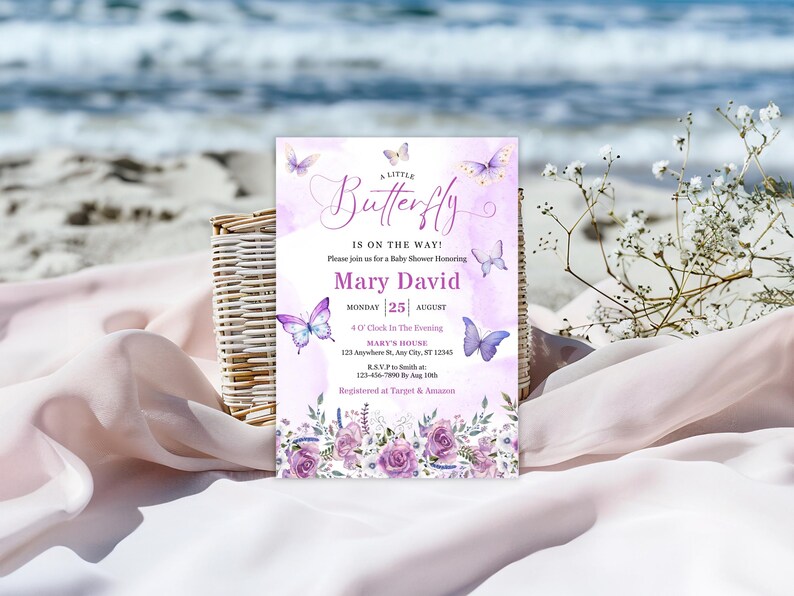 May include: A baby shower invitation with a butterfly theme. The invitation features a watercolor background with butterflies and floral accents. The text reads "A Little Butterfly is on the Way!" and includes the name "Mary David".