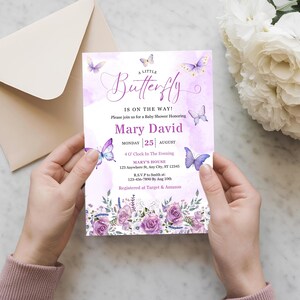 May include: A baby shower invitation with a watercolor design. The invitation features the text "A Little Butterfly is on the Way!" and details for Mary David's baby shower. The design includes purple butterflies and floral accents.